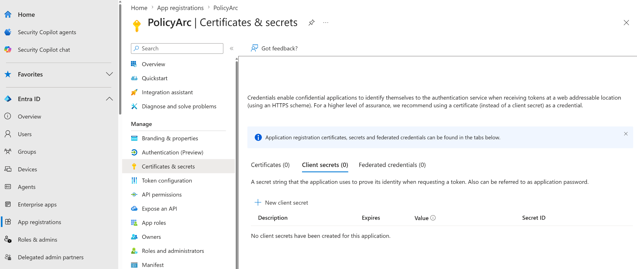 Certificates and secrets